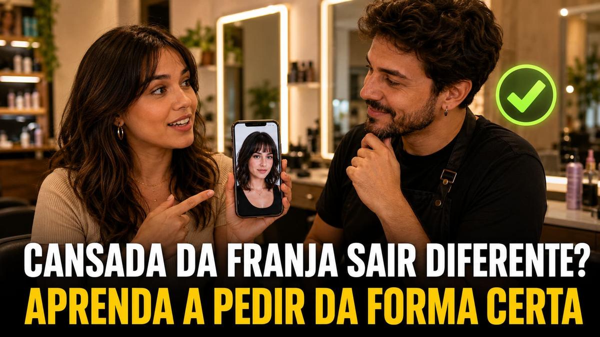 Mulher de cabelo liso médio está pedindo franja para o cabeleireiro enquanto segura seu celular mostrando a referência da franja desejada.
