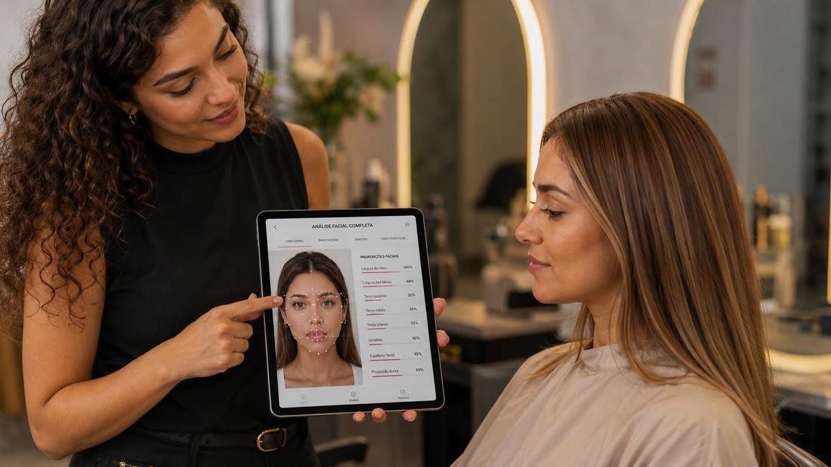 Profissional de beleza mostrando análise facial de IA em tablet para cliente no salão
