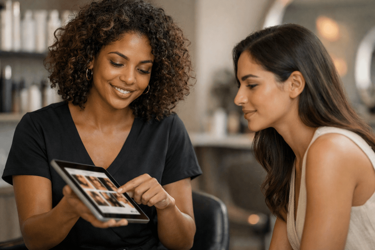Profissional de beleza apresentando opções de serviço visual a cliente em tablet no salão