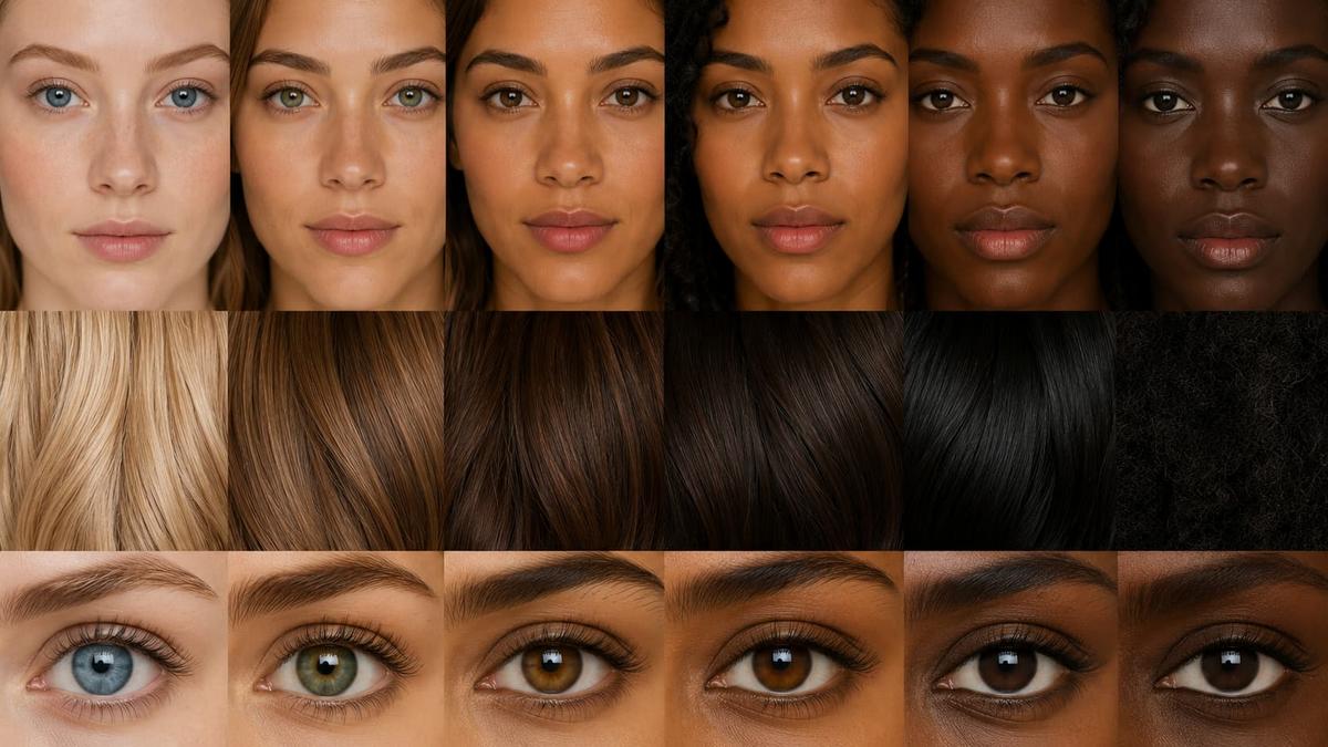 Comparação lado a lado de pele, cabelo e olhos com diferentes valores tonais