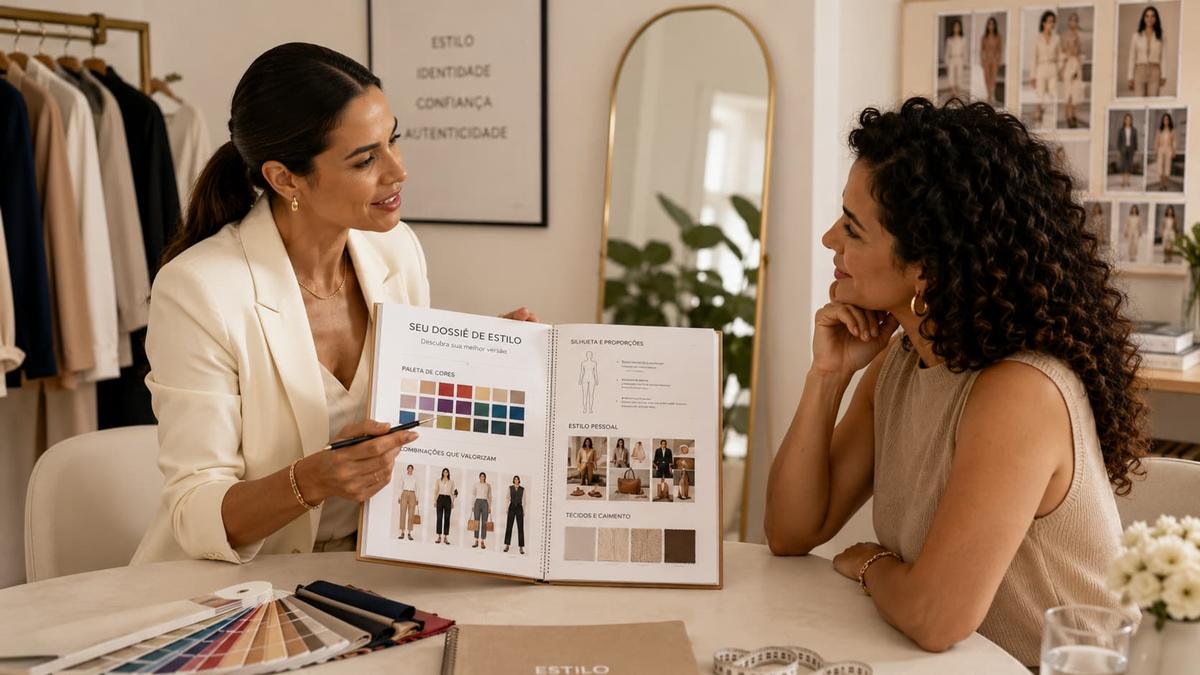 Consultora mostra dossiê de estilo com paleta de cores e combinações de roupas para cliente em estúdio.