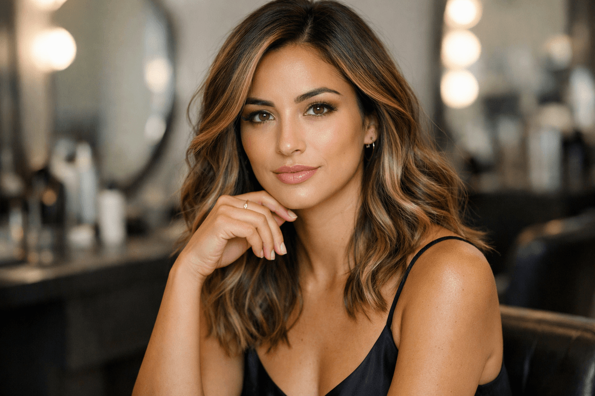 Balayage com tons quentes e frios em cabelo de mulher com pele morena de subtom neutro