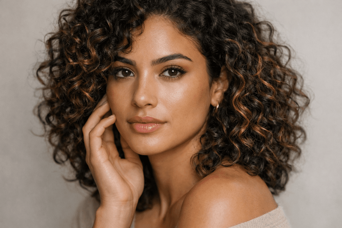 Morena iluminada com mechas em cabelo cacheado mostrando contraste de profundidade