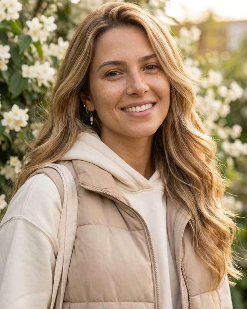 Mulher loira com cabelo grande com camadas suaves em frente a um jardim