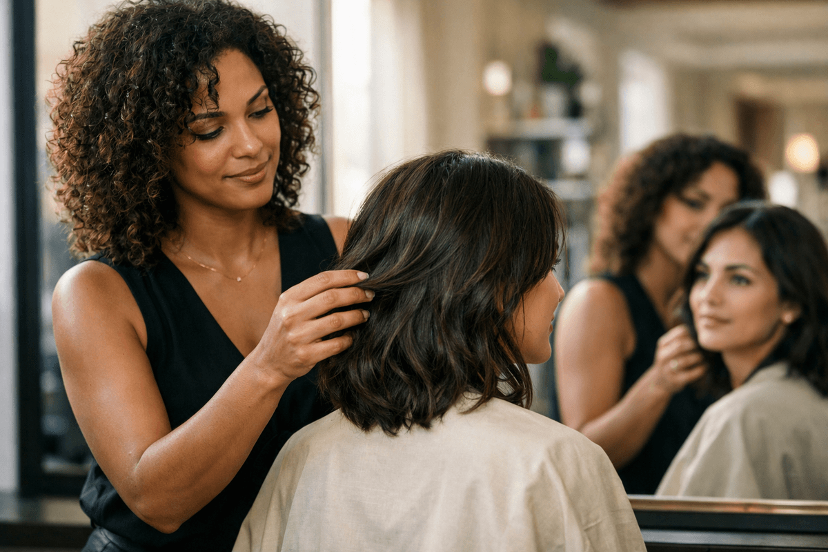 Cabeleireira analisando comprimento médio de cabelo de cliente em salão moderno