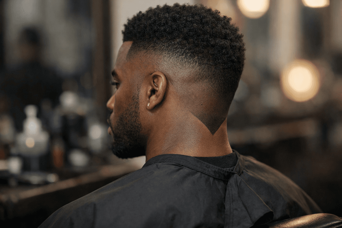 Degradê em V em cabelo cacheado masculino visto de lado e de trás
