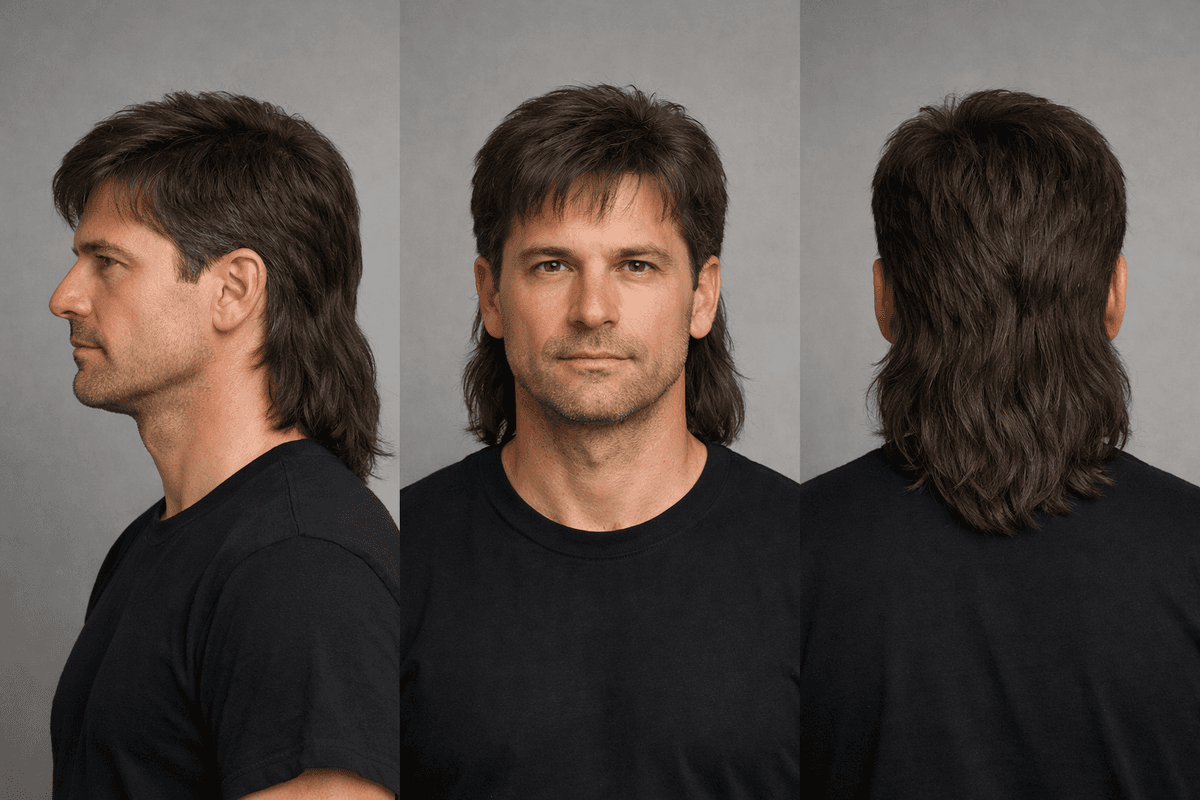 Mullet clássico em vistas lateral, frontal e posterior