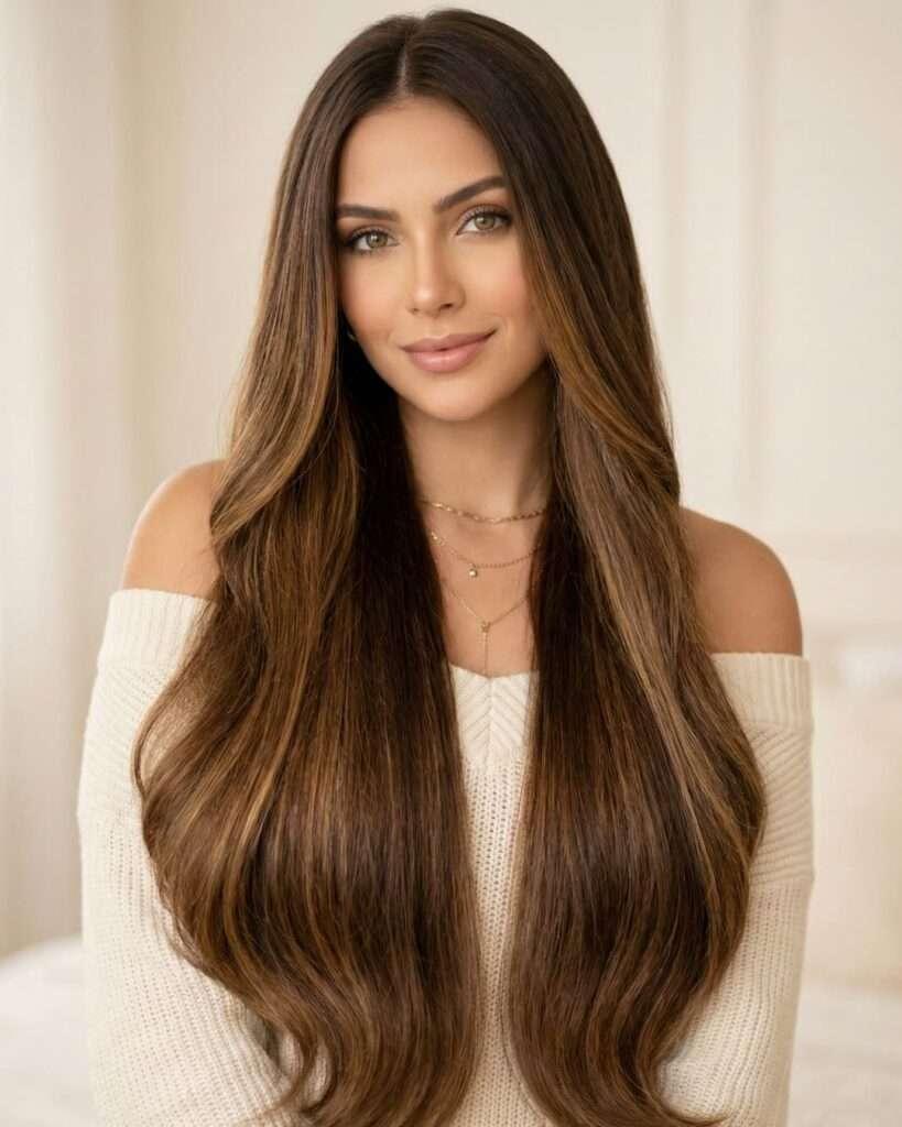 Mulher brasileira com cabelo de sereia longo extremo