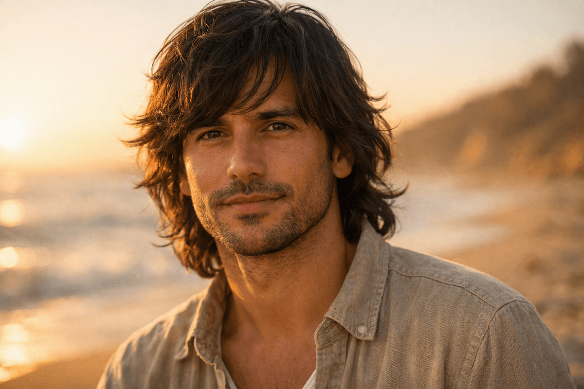Homem com corte surfista em cabelo ondulado castanho escuro mostrando textura e movimento natural