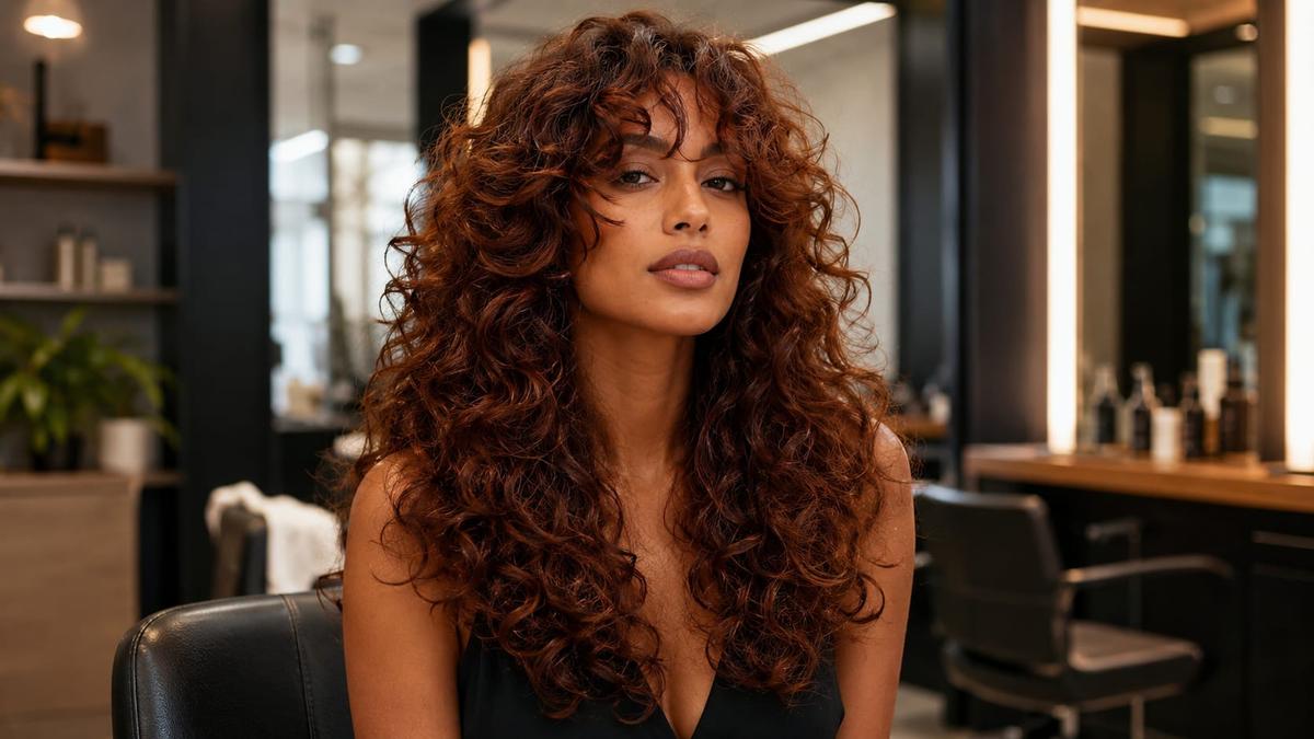Mulher com corte em camadas com franja em cabelo longo cacheado e volumoso de tom ruivo acobreado.