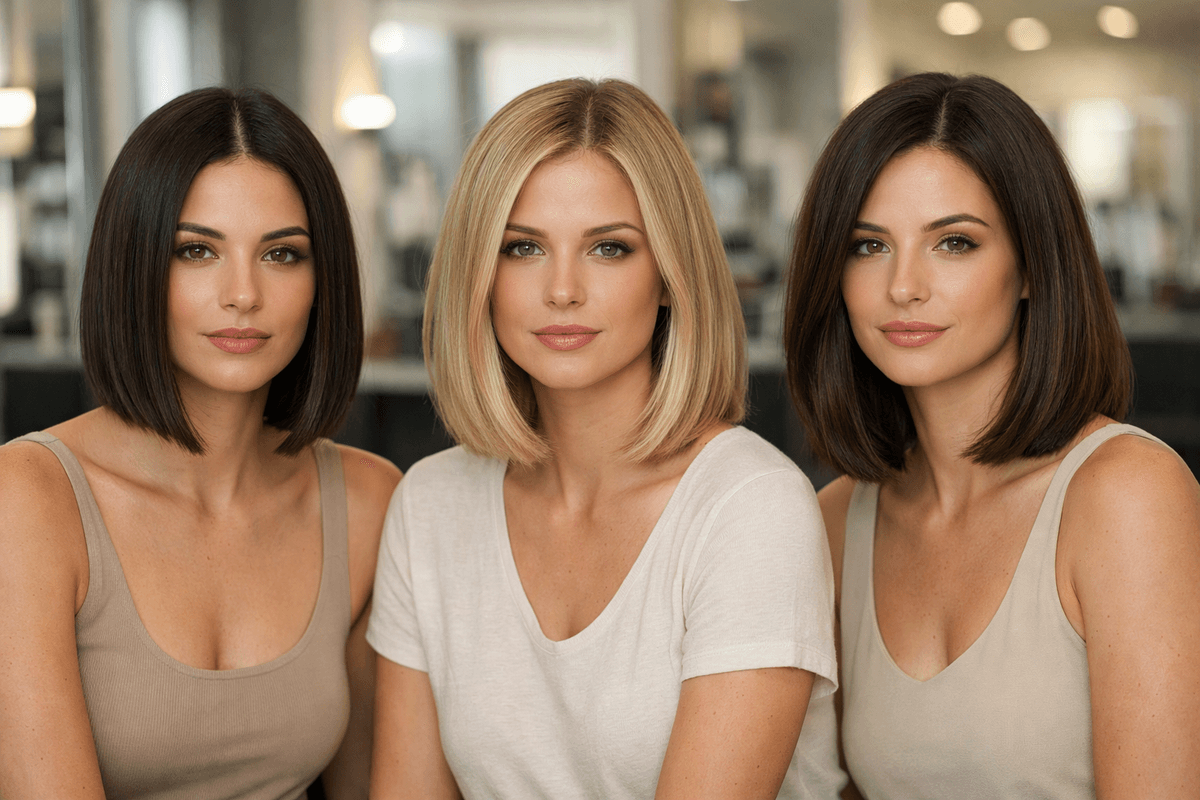 Três mulheres com long bob curto, médio e longo lado a lado