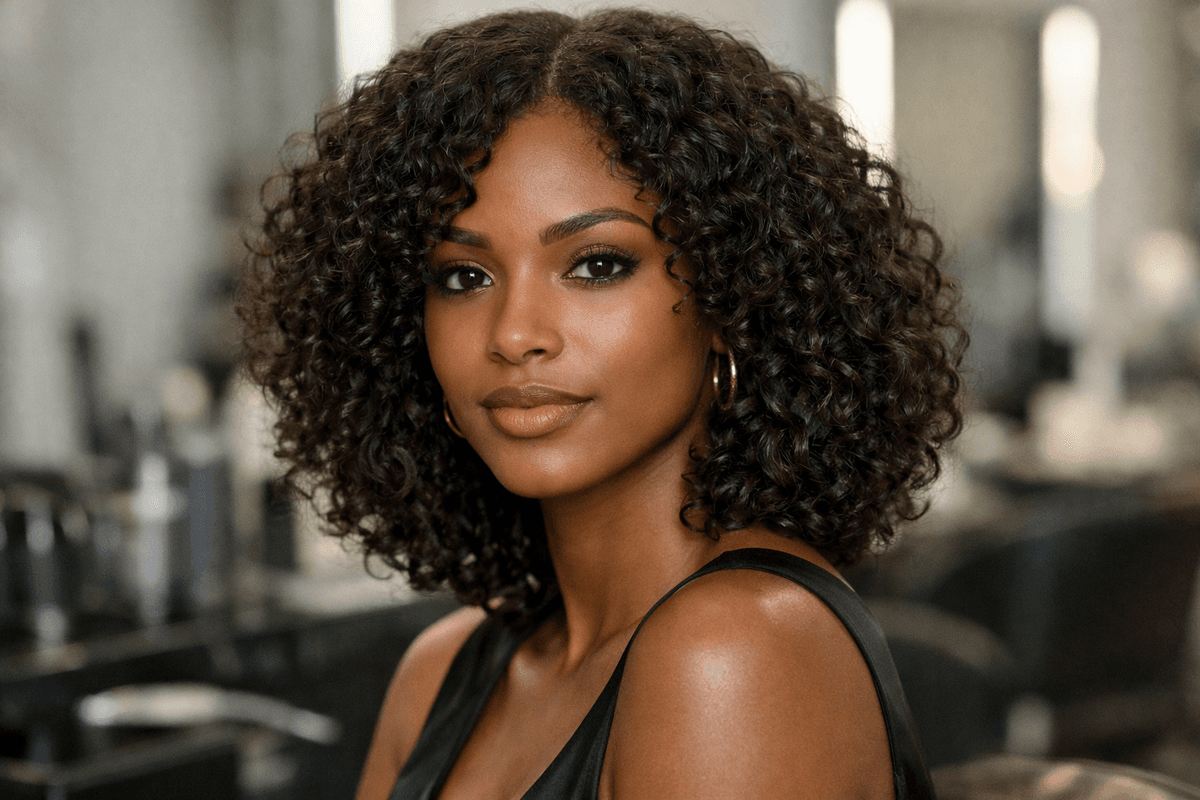 Mulher com long bob cacheado na altura dos ombros com camadas internas