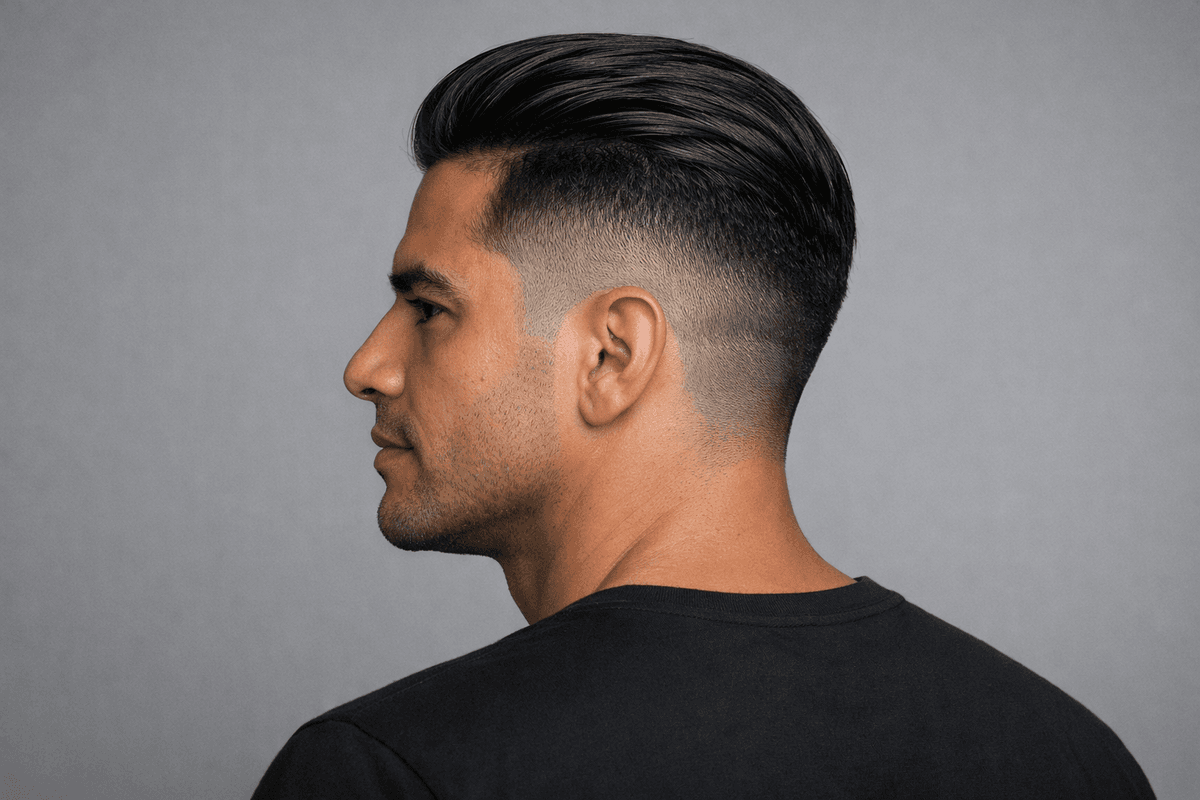Undercut de perfil com laterais raspadas e topo penteado para trás