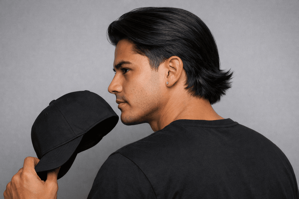 Jovem com corte maracá segurando o boné na mão
