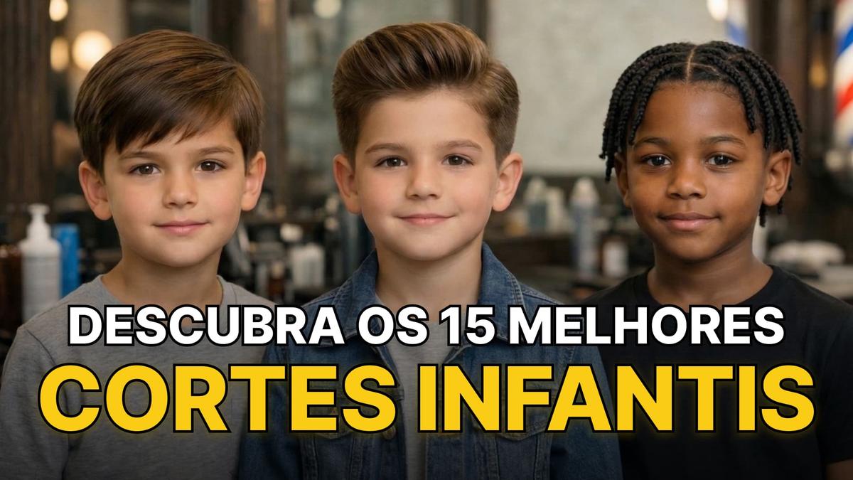 Corte masculino infantil: três meninos com diferentes estilos de cabelo. Texto: Descubra os 15 melhores cortes infantis.