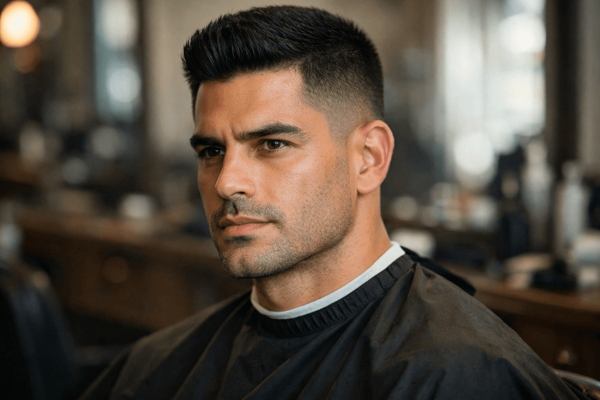 Crew cut clássico em homem brasileiro com cabelo preto e rosto quadrado com mandíbula marcada