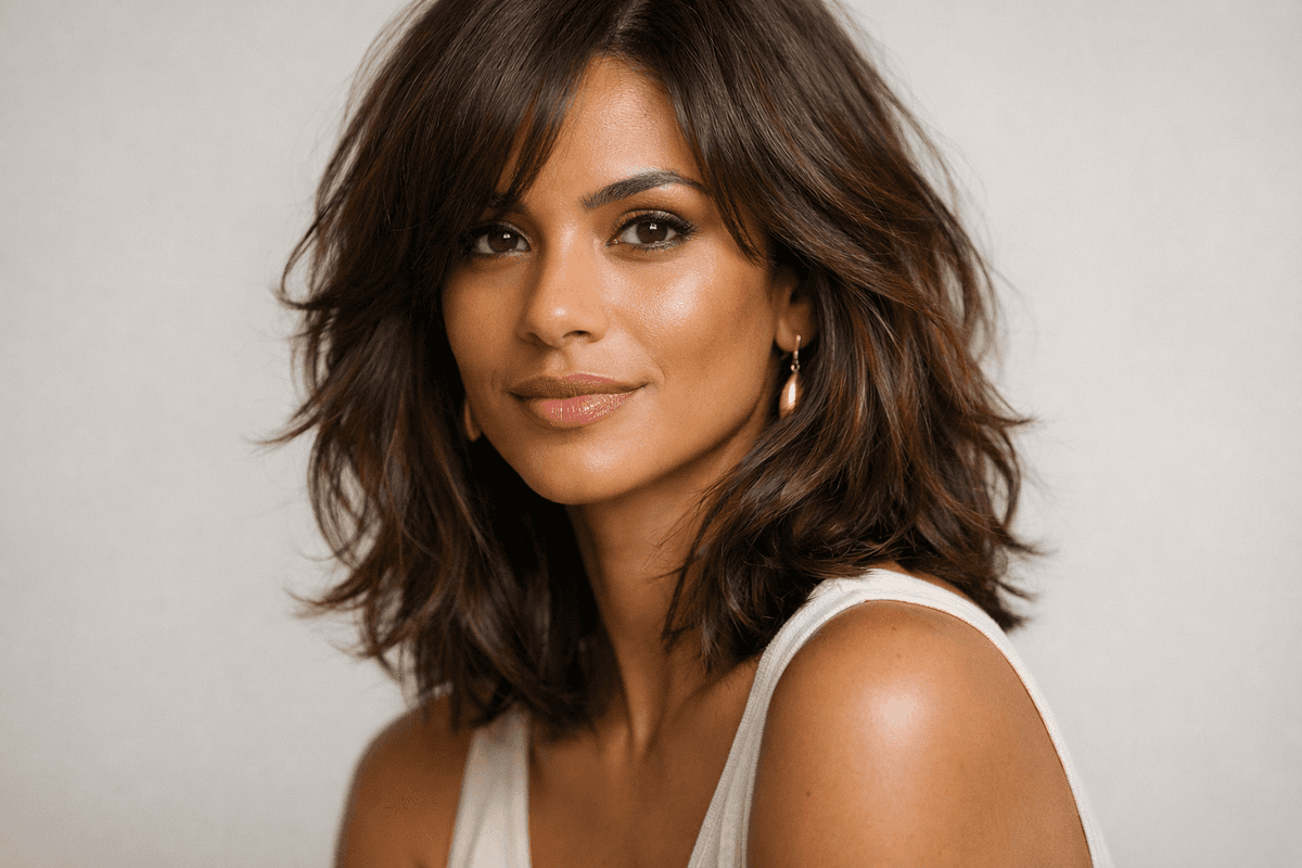Corte médio com camadas em mulher brasileira de cabelo ondulado castanho