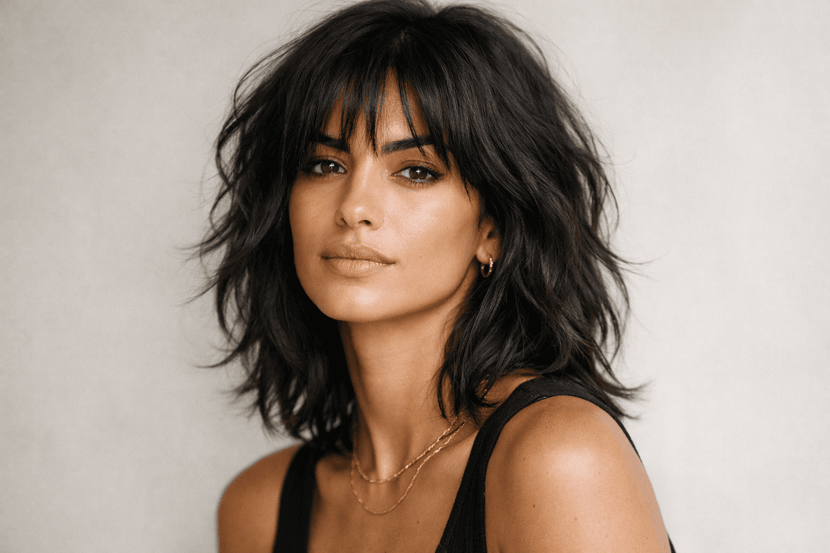 Corte shag médio despojado em mulher brasileira com cabelo ondulado