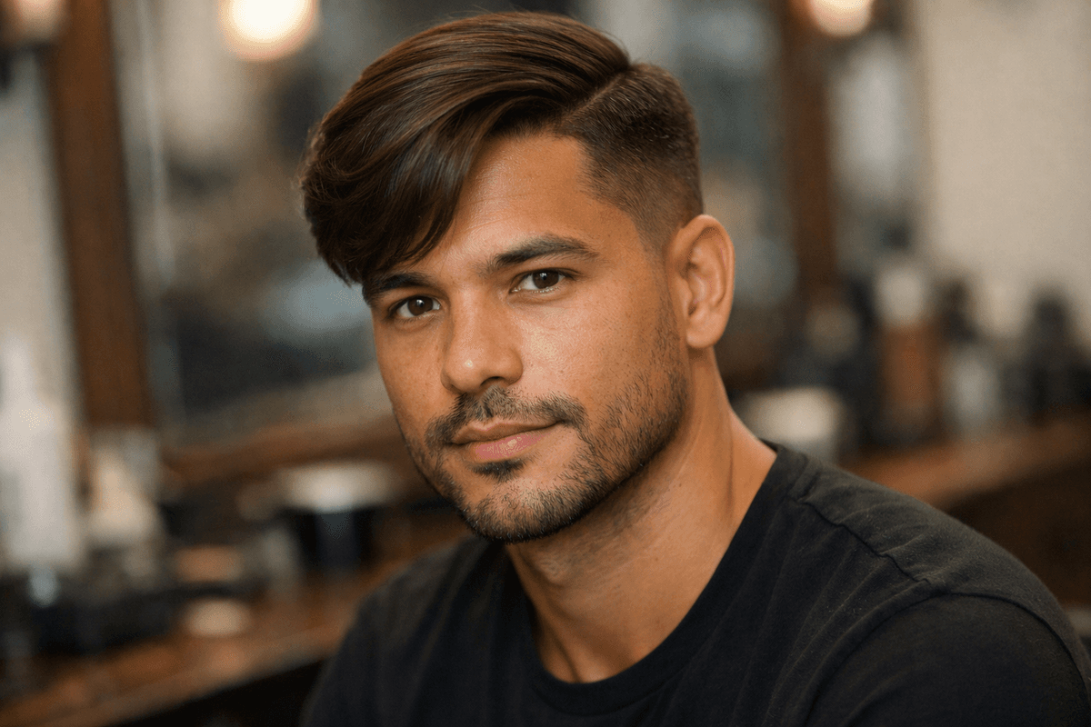 Side part clássico com degradê baixo em homem brasileiro com rosto coração e cabelo castanho liso