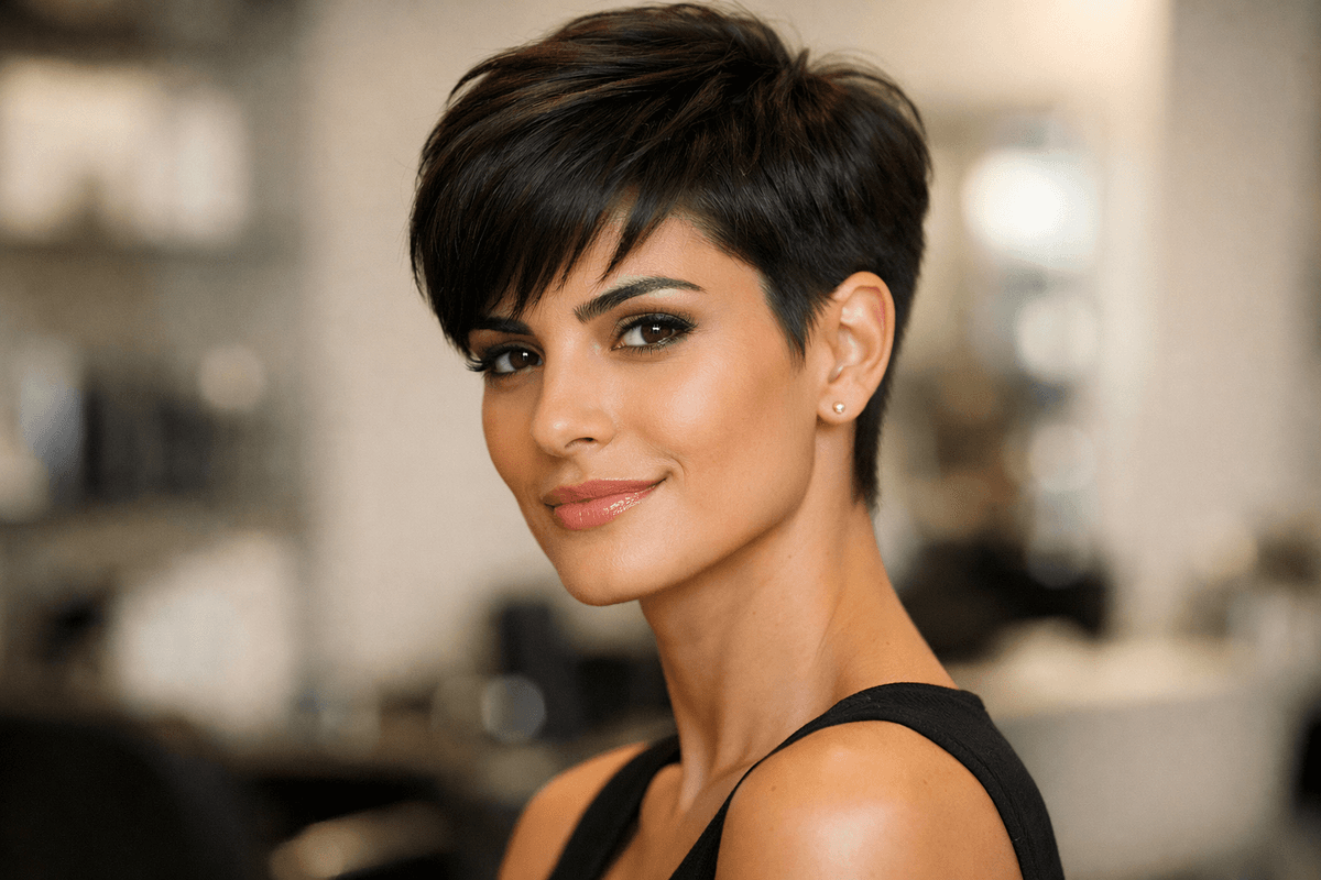 Pixie estruturado com laterais curtas em mulher brasileira com rosto quadrado e cabelo castanho escuro liso