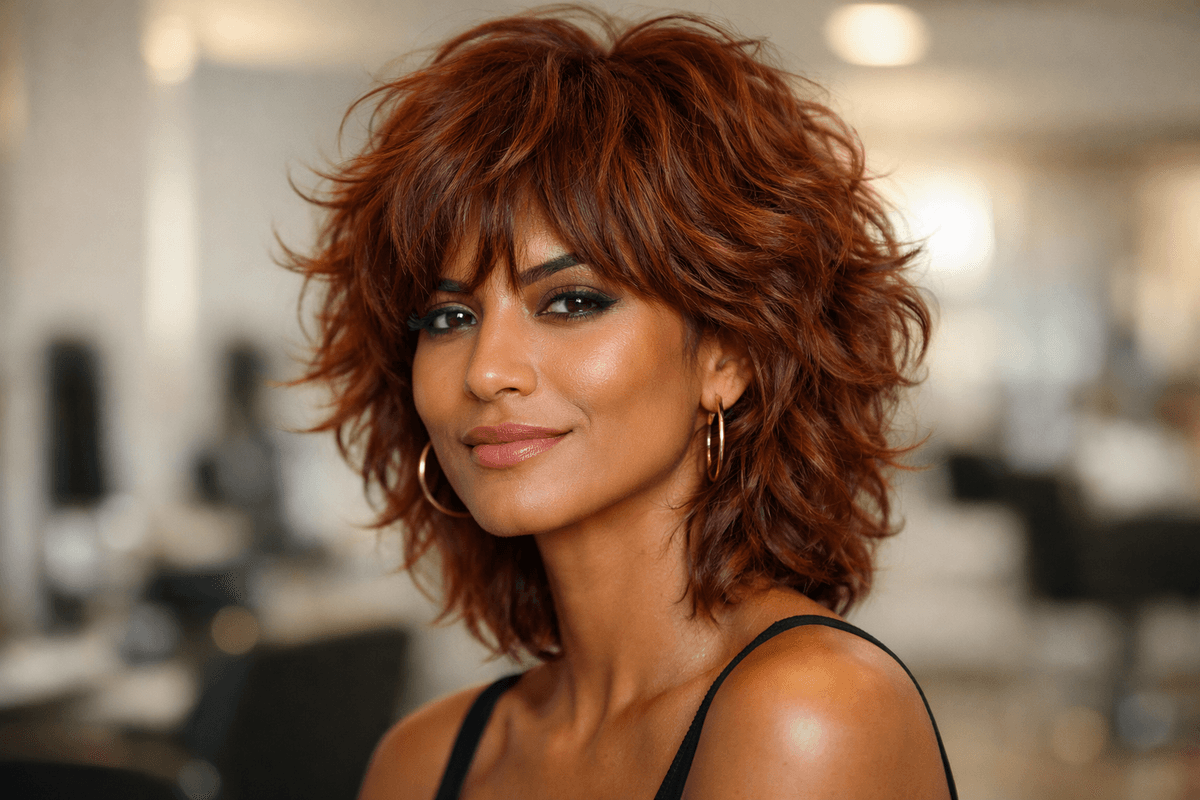 Shag moderno com camadas irregulares em mulher brasileira com rosto quadrado e cabelo ruivo cacheado