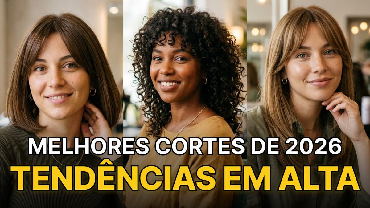 Três mulheres usando cortes femininos em alta em 2026,Texto sobreposto: "Melhores cortes de 2026 tendências em alta"