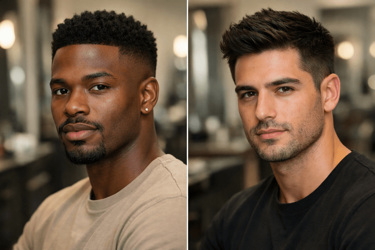 Comparação visual entre corte low fade e corte americano em dois homens lado a lado