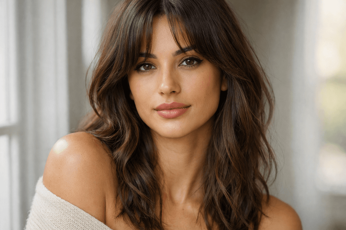 Franja cortina em mulher com cabelo longo ondulado demonstrando tendência de inverno 2026