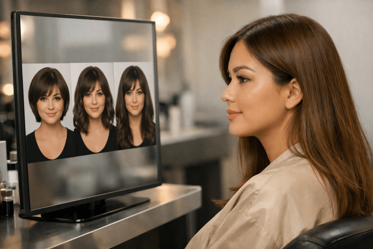 Mulher com rosto redondo visualizando simulação de cortes em espelho digital de salão