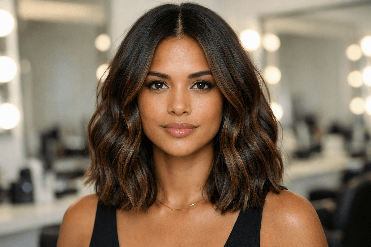 Mulher com cabelo ondulado feminino em corte lob na altura dos ombros