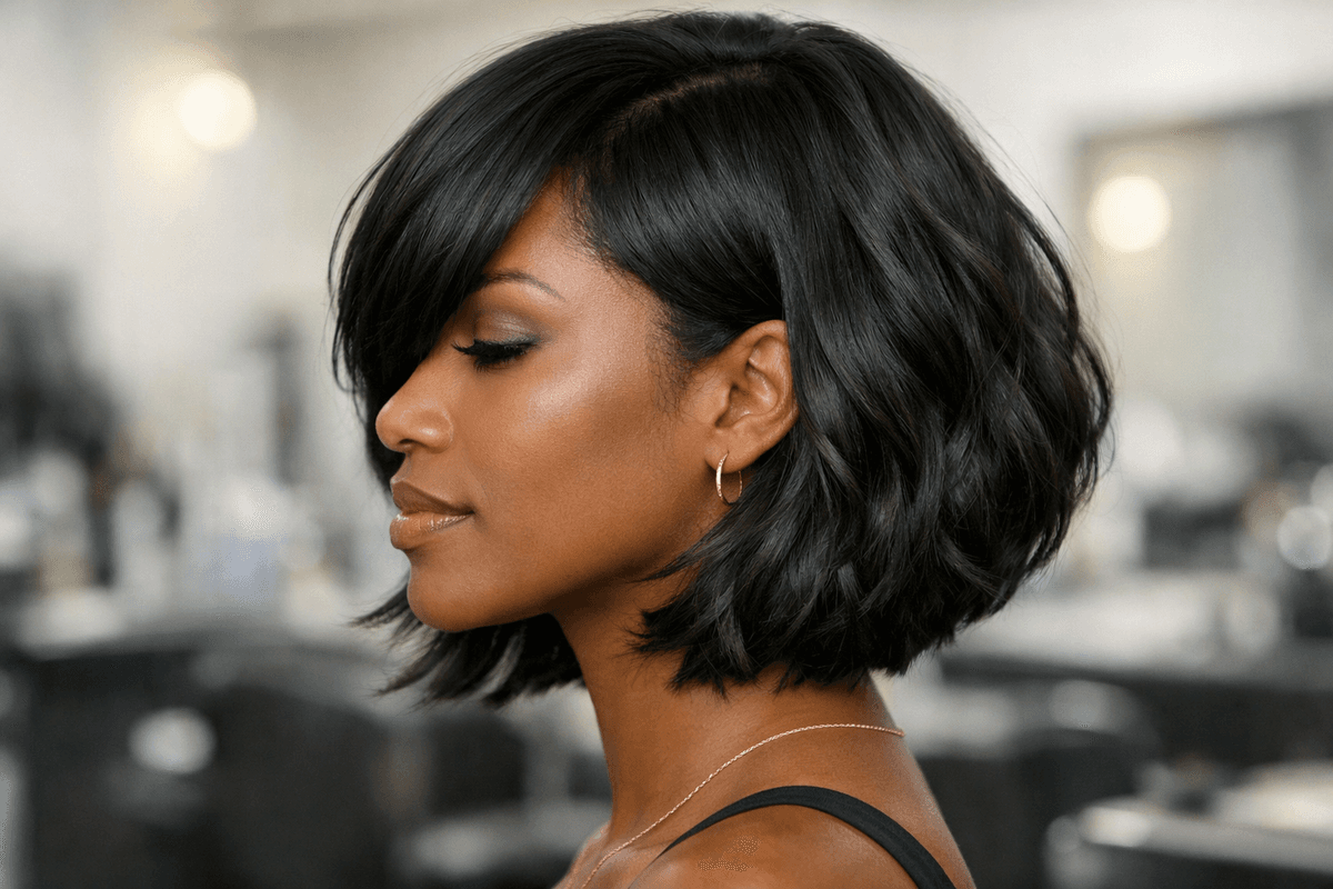 Bob com franja lateral em cabelo ondulado, vista de perfil