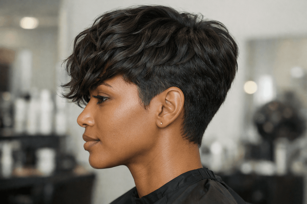 Pixie longo em cabelo ondulado feminino, vista lateral mostrando transição de comprimentos