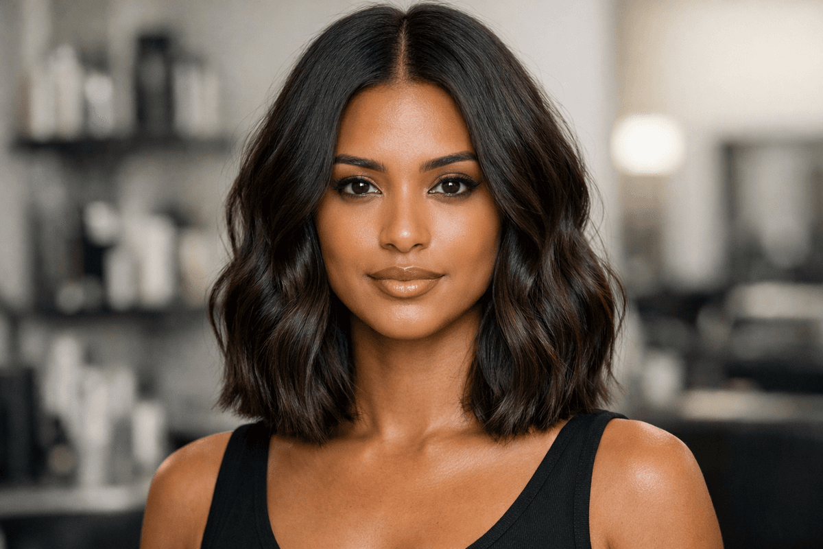 Lob clássico em cabelo ondulado feminino, vista frontal, comprimento na clavícula