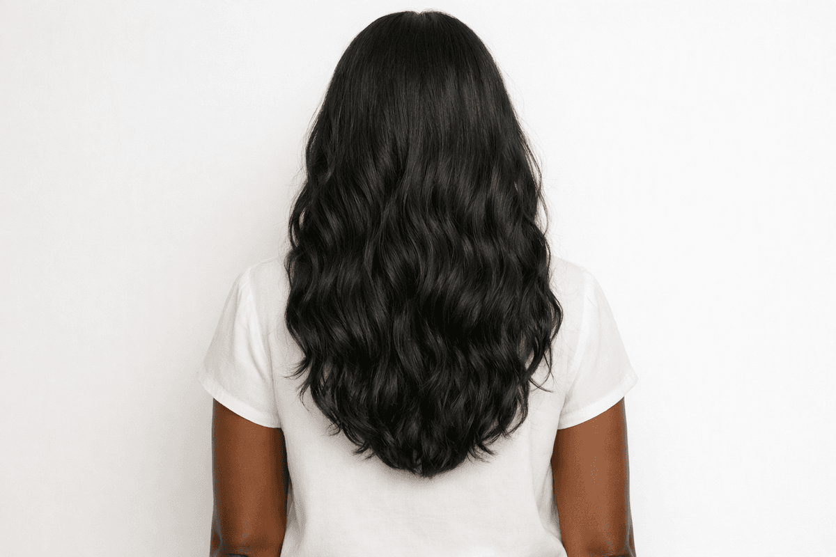Ilustração de cabelo longo ondulado com contorno em U, visto de costas