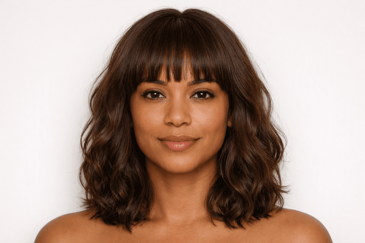 Ilustração de cabelo ondulado com franja curta junto às sobrancelhas