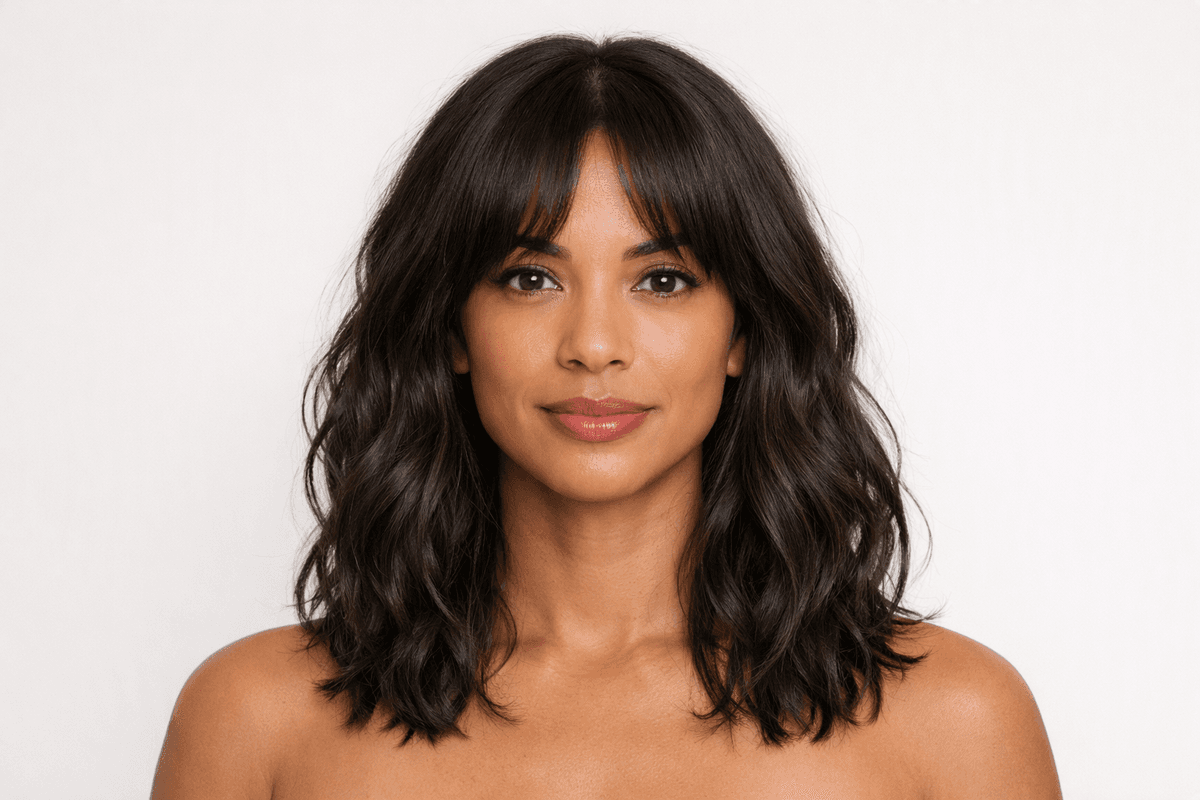 Ilustração de cabelo médio ondulado com franja aberta para os lados