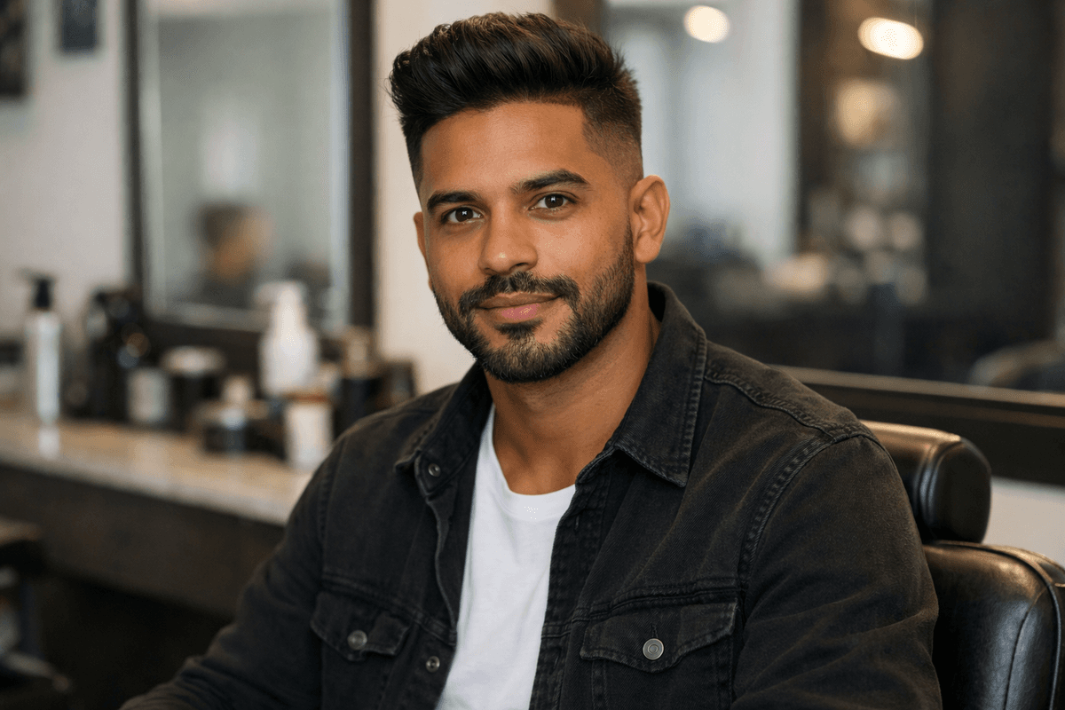 Degradê com volume no topo em homem brasileiro com rosto oval