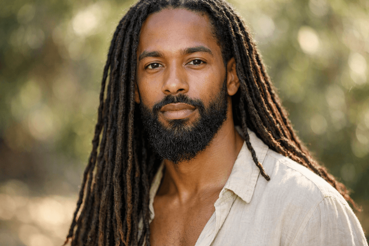 Homem com dread longo fino solto e barba longa preenchida em luz natural