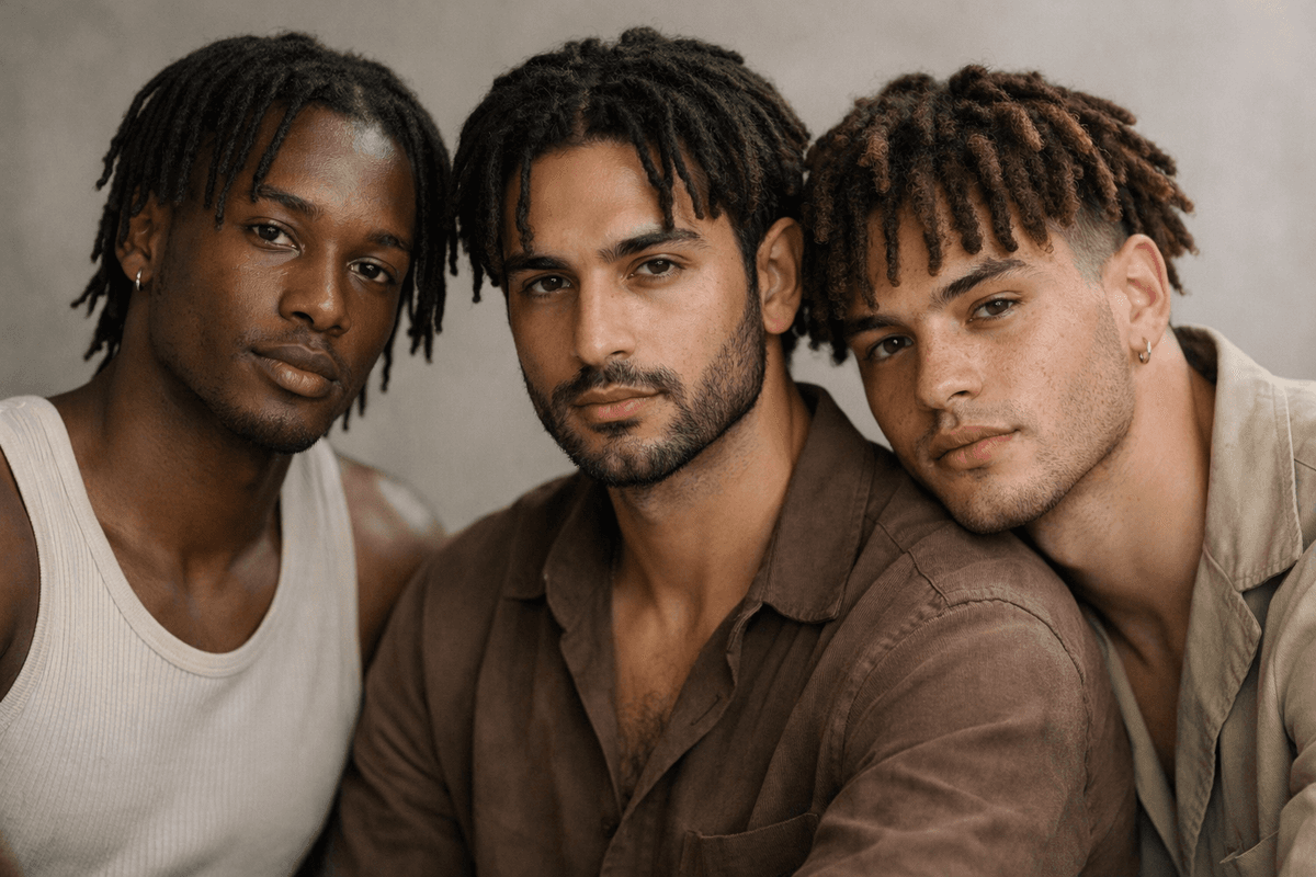 Comparação visual de três espessuras de dread em homens com tons de pele diferentes