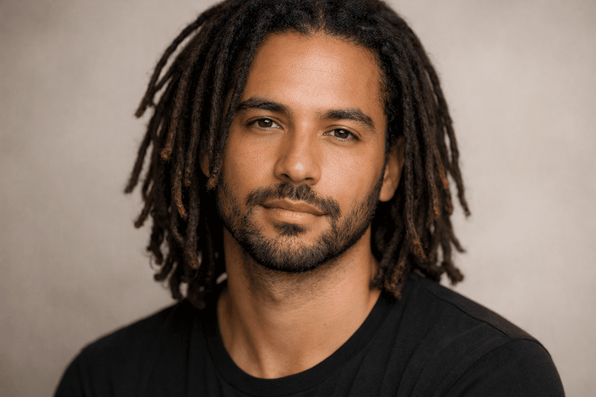Homem com rosto oval e dread médio natural solto sem cortes laterais