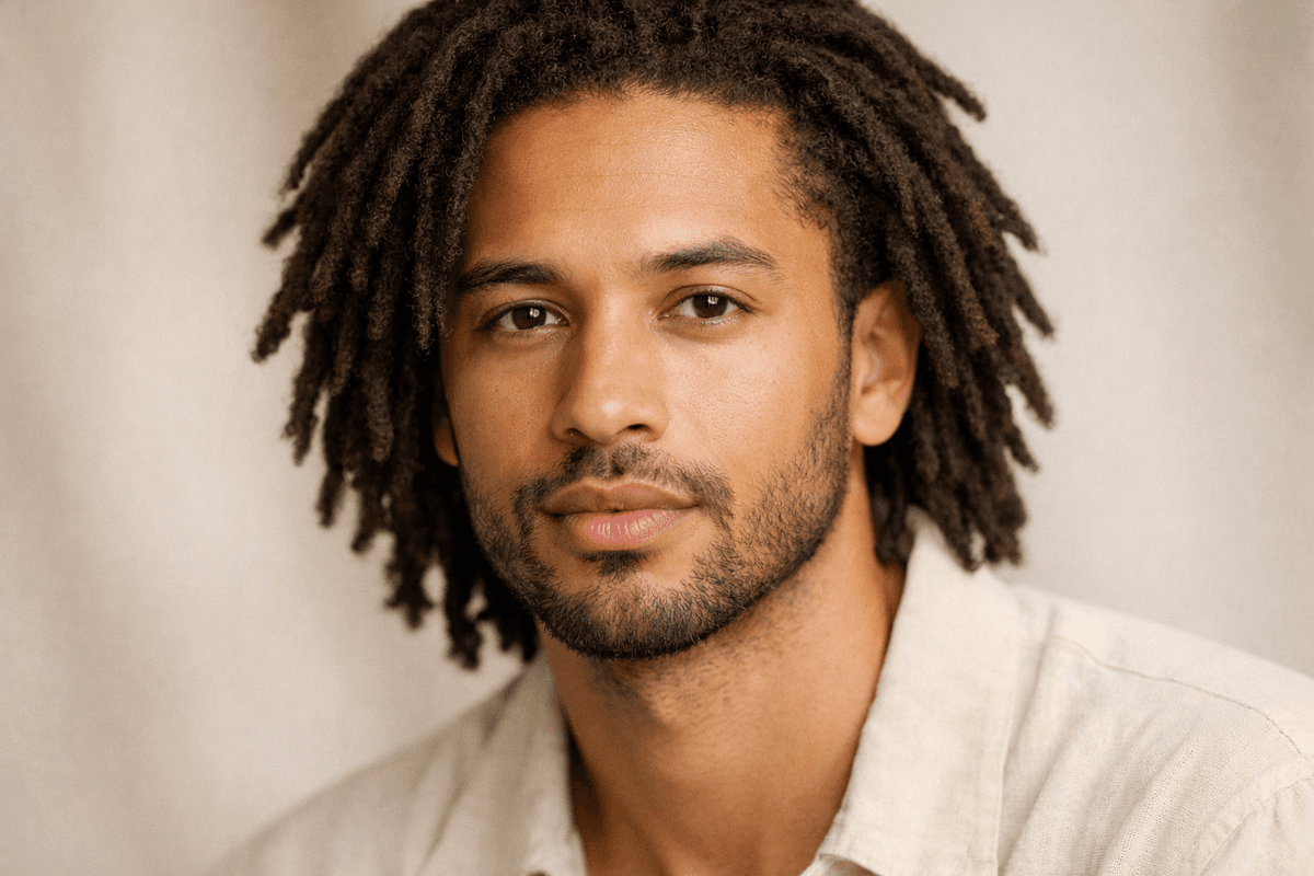 Homem com rosto alongado e dread médio grosso solto com volume lateral