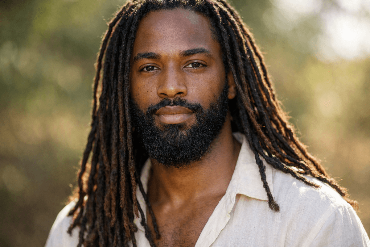 Homem com dread longo médio e barba longa natural em harmonia visual
