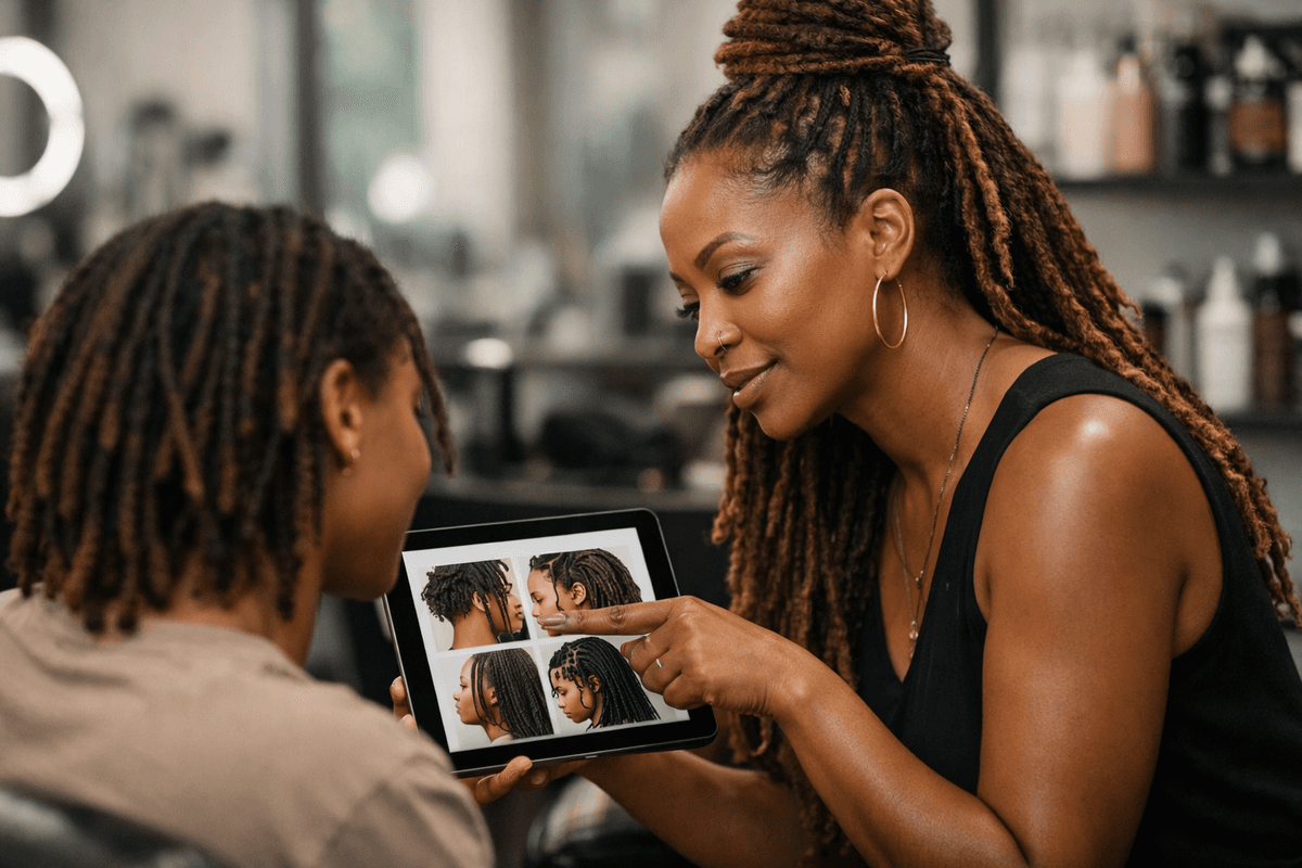 Consulta entre profissional e cliente analisando referências de dread em tablet