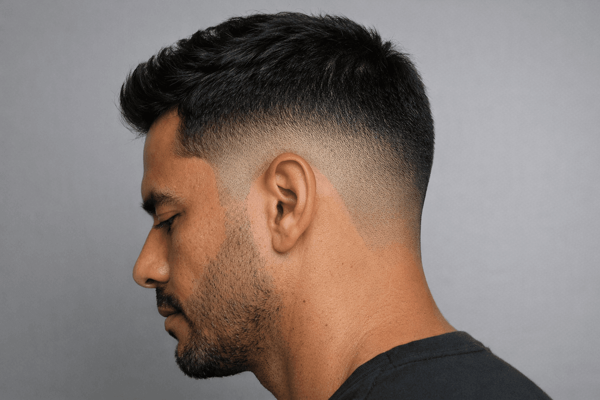 Drop fade com transição descendente atrás da orelha