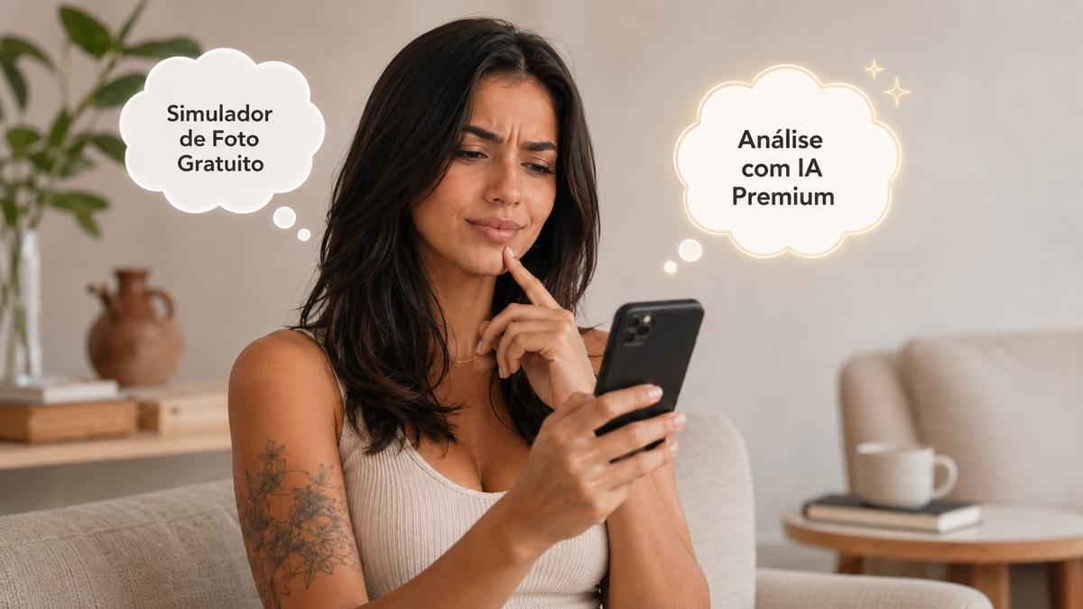 Mulher confusa olhando celular com balões: Simulador de Foto Gratuito e Análise com IA Premium.