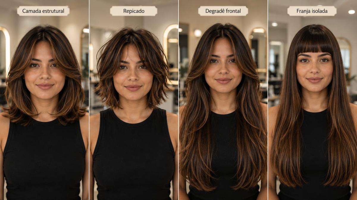 Quatro estilos de corte em camadas com franja: camada estrutural, repicado, degradê frontal e franja isolada.