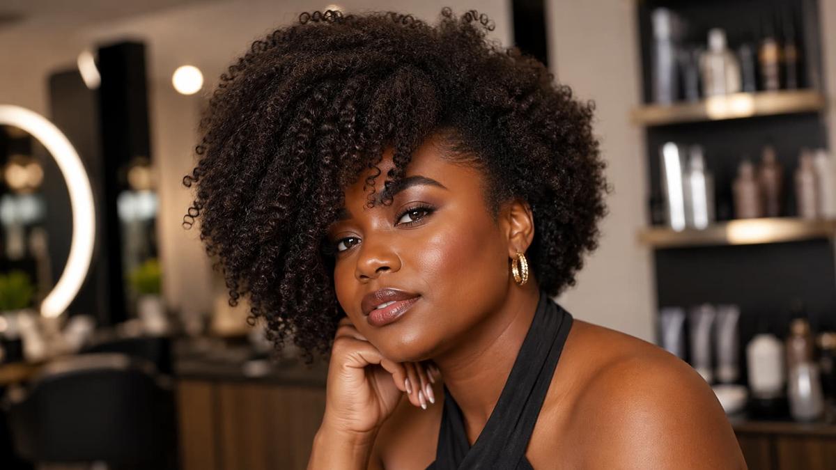 Franja lateral formada por cachos volumosos em mulher negra com cabelo crespo curto, posando com a mão no queixo.