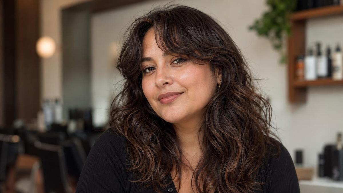 Franja estilo cortina em mulher com cabelo ondulado castanho de comprimento médio, sorrindo em um salão de beleza.