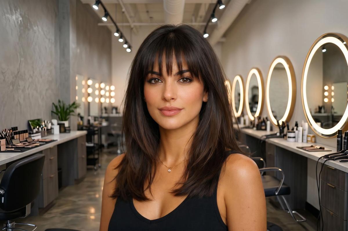 Franja desfiada com texturização sutil em cabelo liso castanho escuro de mulher com rosto oval