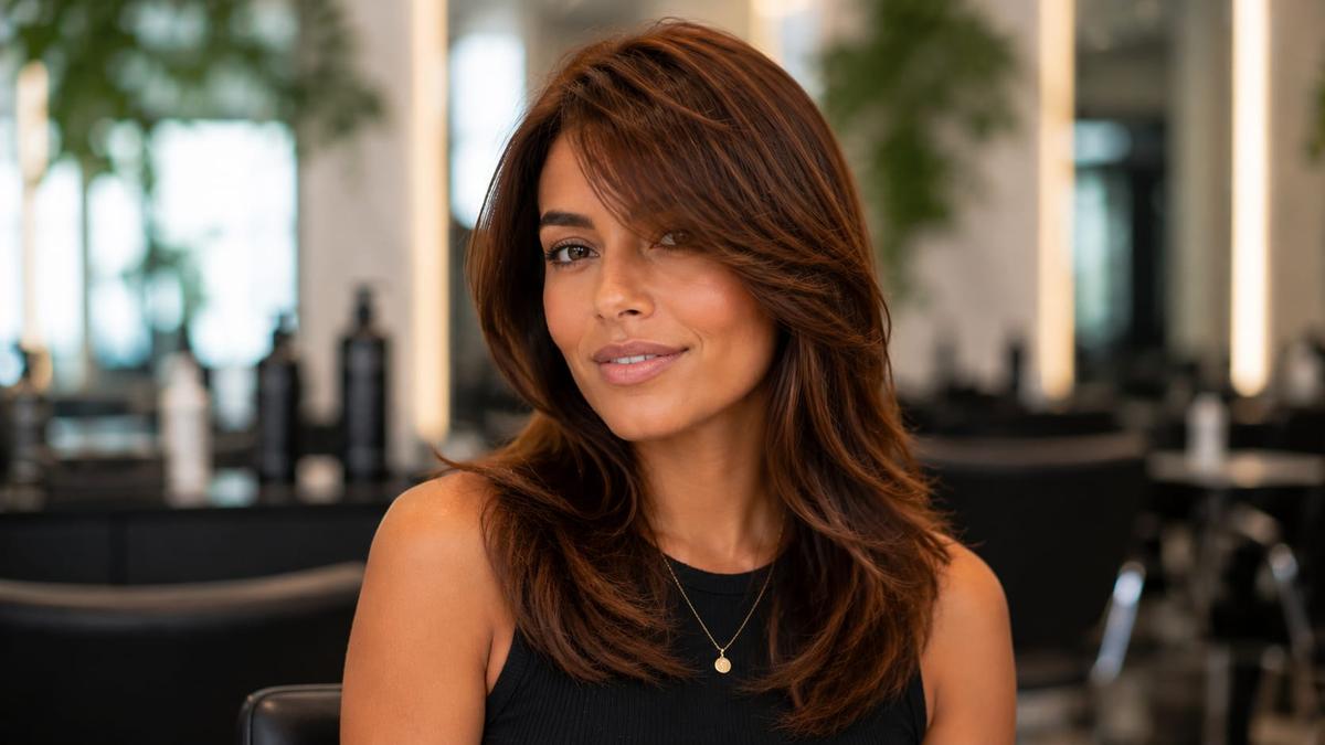 Mulher com cabelo acaju e corte de franja lateral, ótima variação de franja para cabelo fino